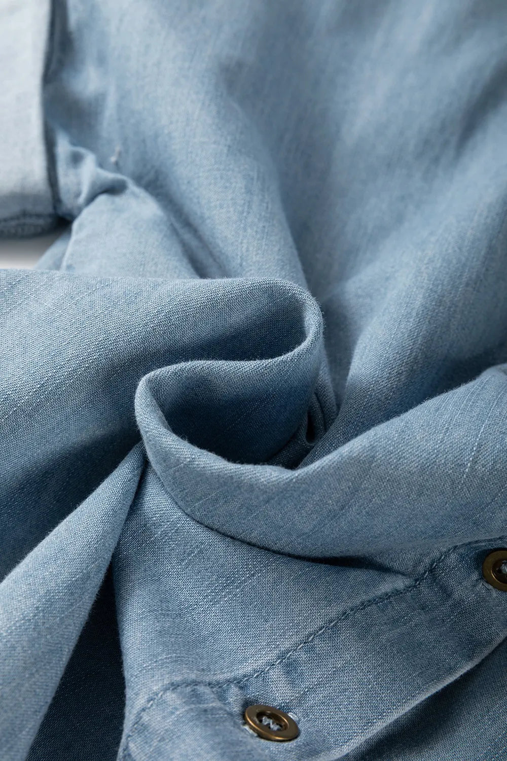 Folded Short Sleeve Patched Pocket Denim Shirt - Women / Jeans & Denim by Trendsi | Available at Handbags Specialist Headquarter