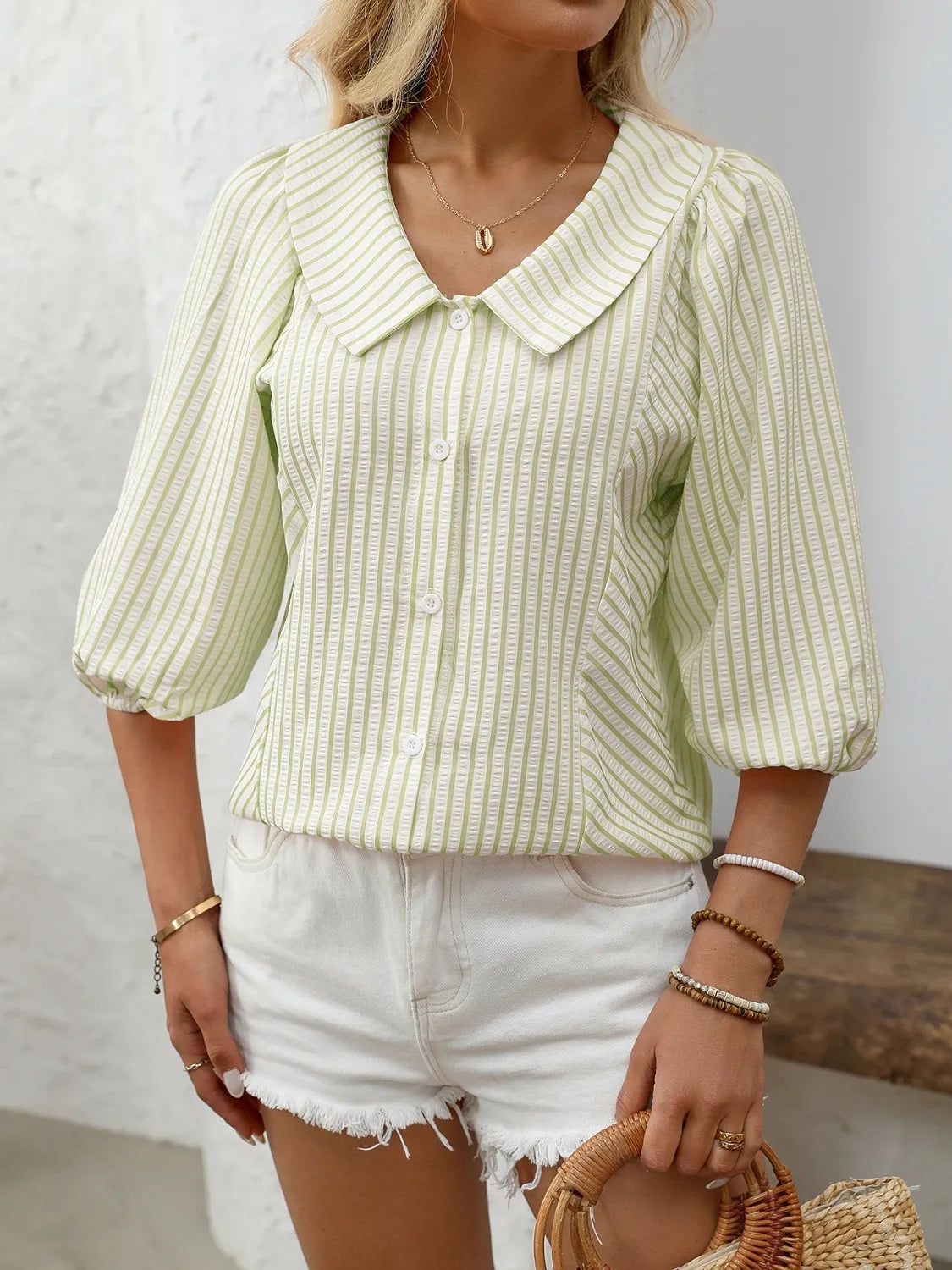 Striped Button Down 3/4 Sleeve Shirt - Women's Down Shirt Tops by Trendsi | Available at Handbags Specialist Headquarter