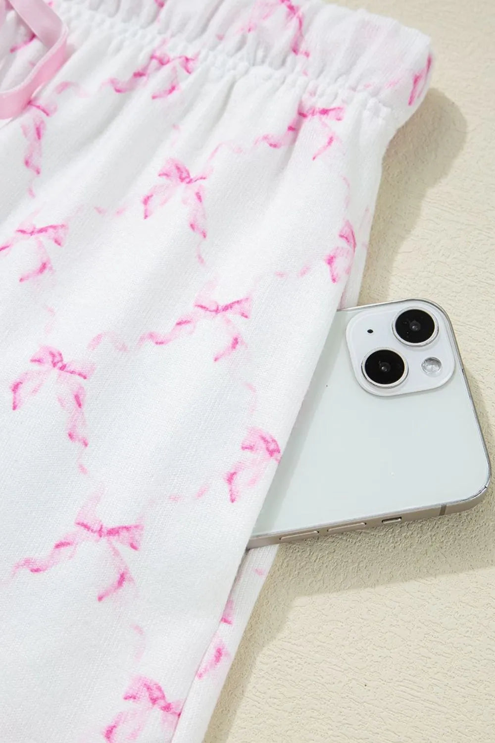 Bow Print Lettuce Trim Round Neck Top and Shorts Lounge Set - Sleepwear by Trendsi | Available at Handbags Specialist Headquarter