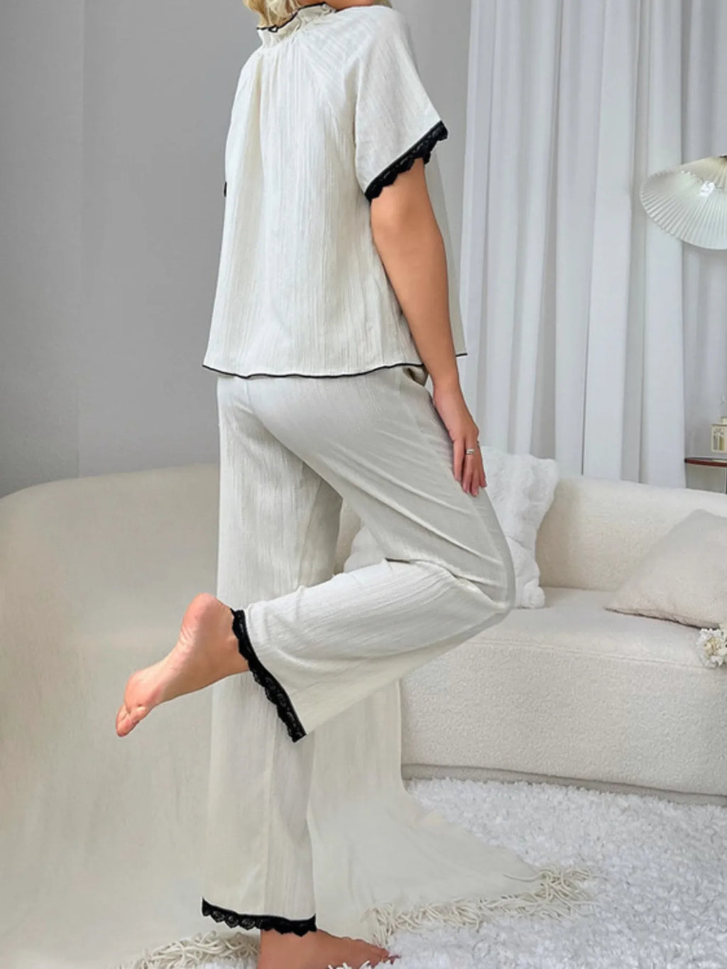 Contrast Trim Short Sleeve Top and Pants Set - Sleepwear by Trendsi | Available at Handbags Specialist Headquarter