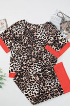 Contrast Trim Leopard Round Neck Top and Pants Lounge Set - Sleepwear by Trendsi | Available at Handbags Specialist Headquarter