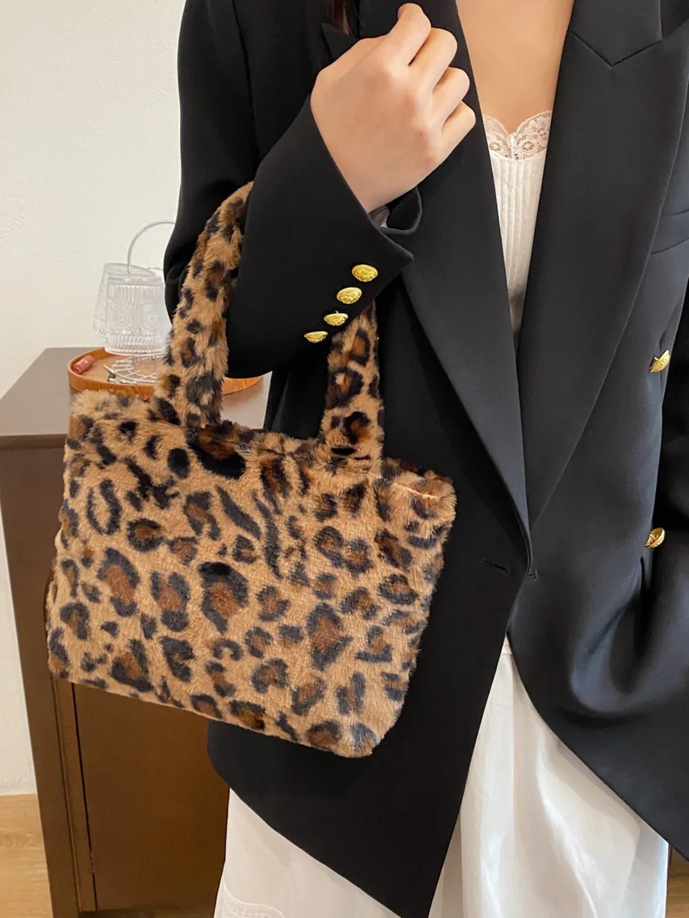 Leopard Fluff Handbag with Zip - handbags by Trendsi | Available at Handbags Specialist Headquarter