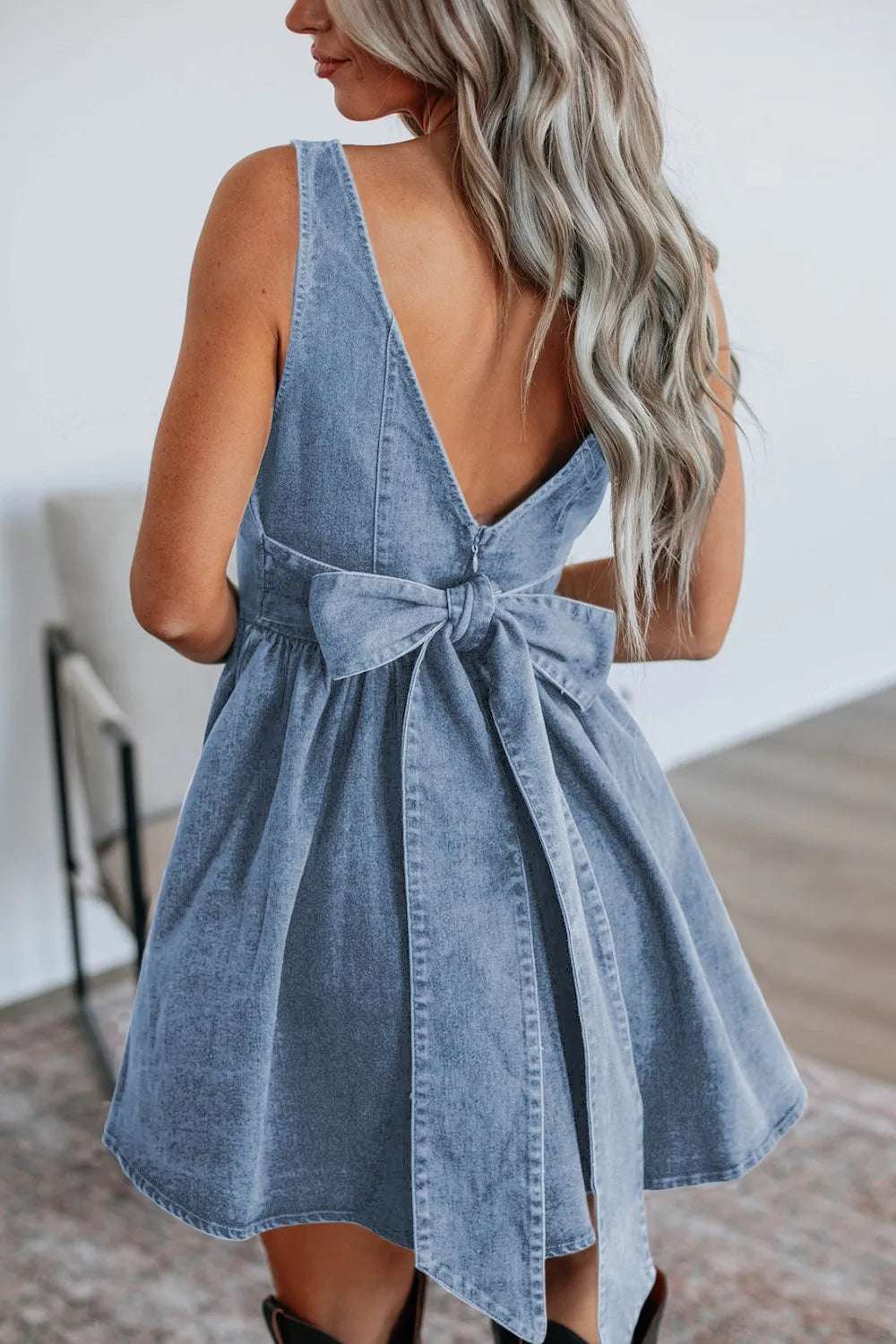 V-Back Bow Tie Denim Skater Dress - Women / Jeans & Denim by Trendsi | Available at Handbags Specialist Headquarter