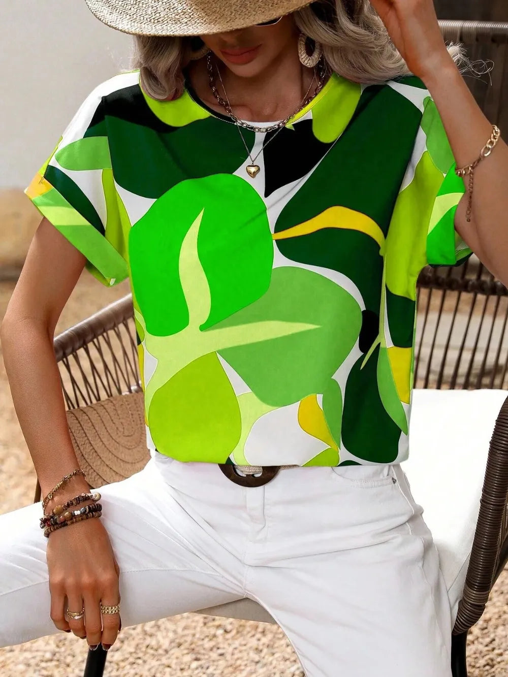 Contrast Round Neck Short Sleeve Blouse - Tops by Trendsi | Available at Handbags Specialist Headquarter