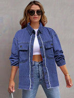 Pocketed Collared Neck Long Sleeve Denim Shirt - Women / Jeans & Denim by Trendsi | Available at Handbags Specialist Headquarter