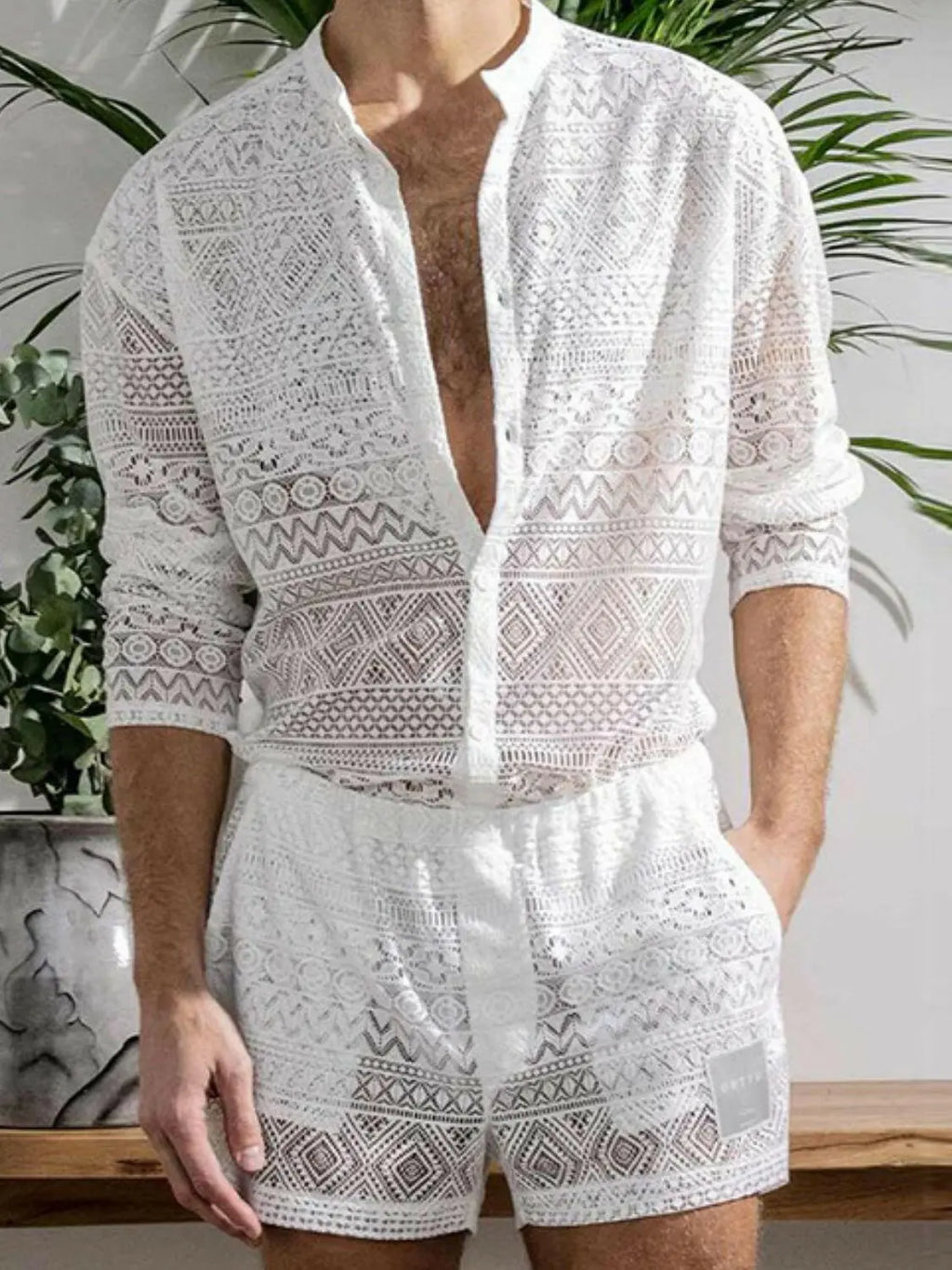 Men's Full Size Lace Button Down Top and Shorts Set Plus Size - Men's Sets by Trendsi | Available at Handbags Specialist Headquarter