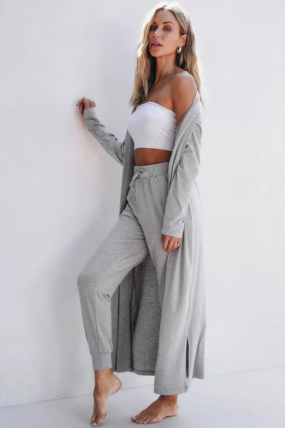 Open Front Long Sleeve Cardigan and Pants Lounge Set - Sleepwear by Trendsi | Available at Handbags Specialist Headquarter