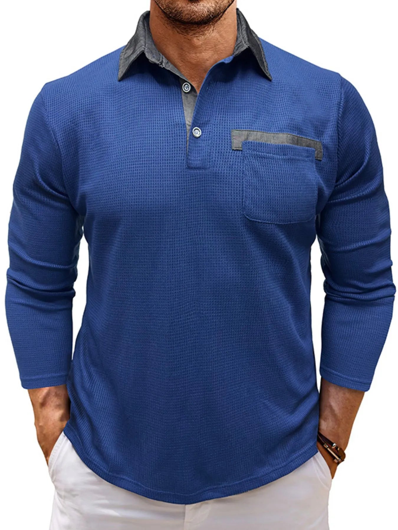 Men's Contrast Collar Long Sleeve Casual Polo Shirt - Men's Polo shirt by Trendsi | Available at Handbags Specialist Headquarter