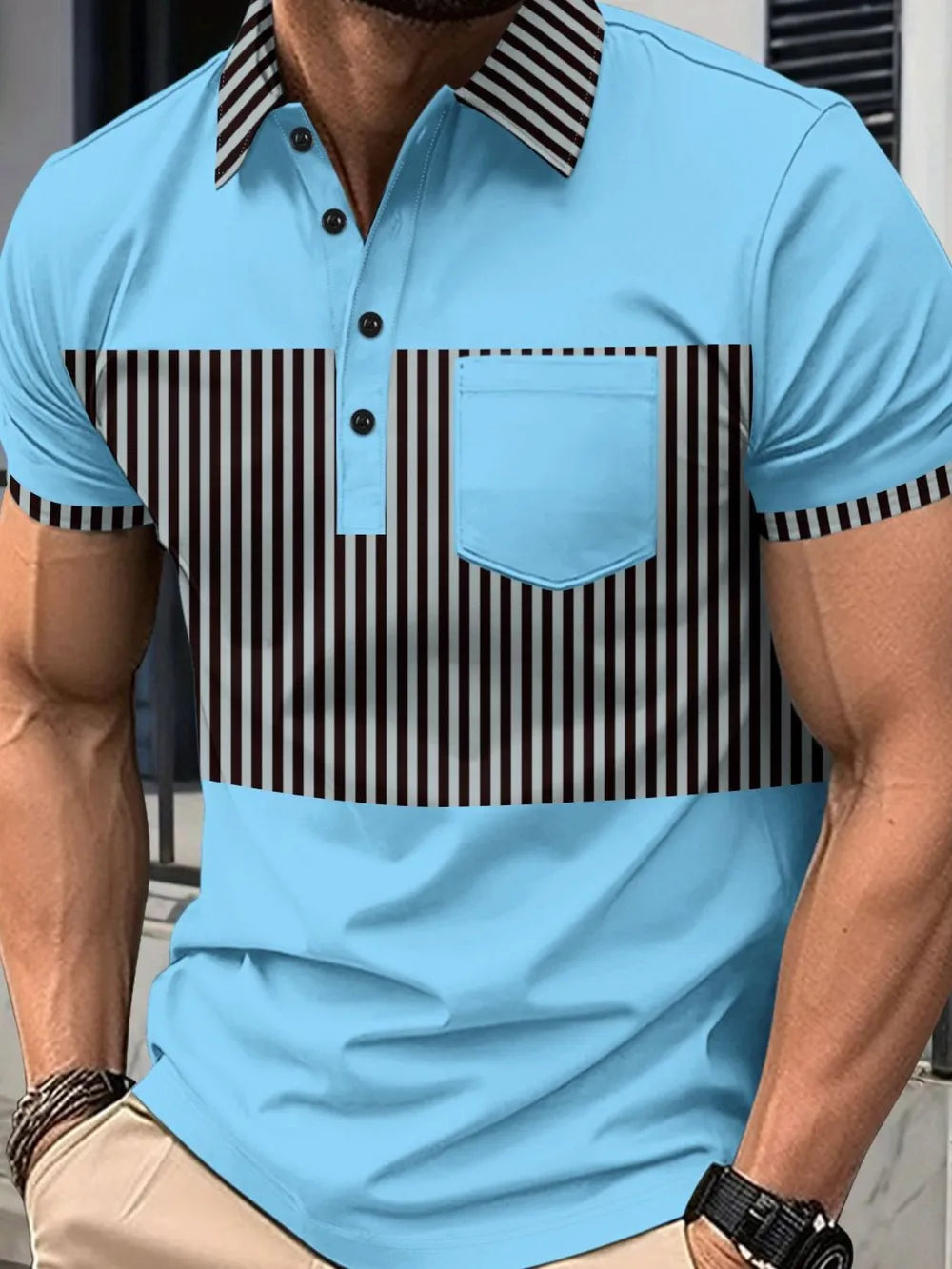 Men's Full Size Collared Contrast Striped Polo Plus Size - Men's Polo shirt by Trendsi | Available at Handbags Specialist Headquarter