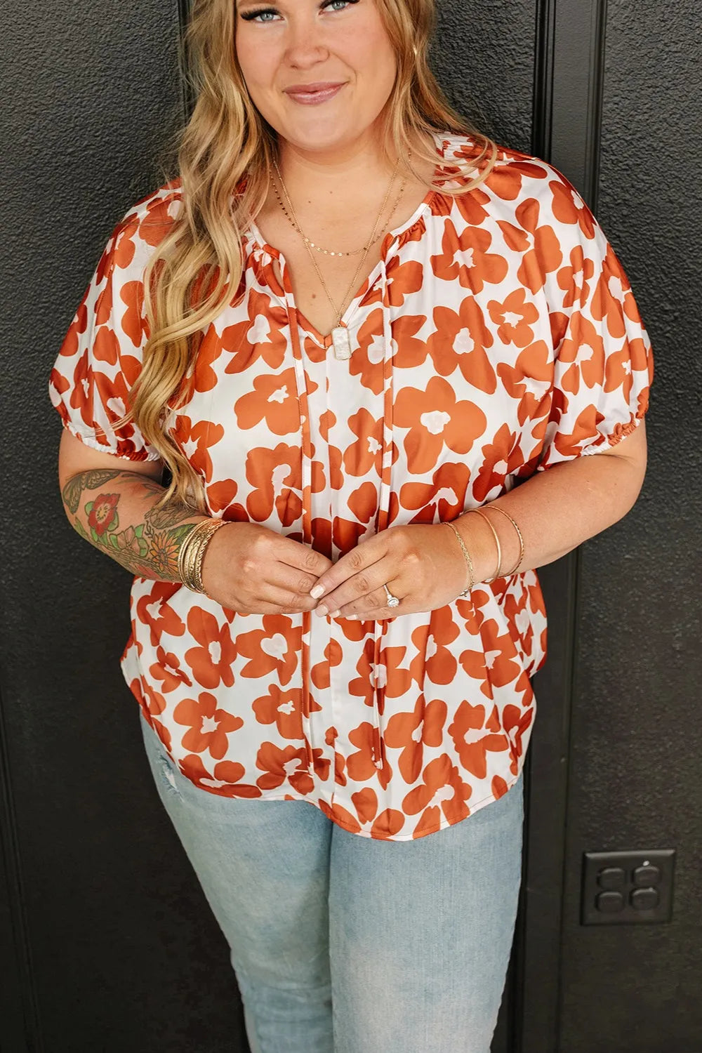 Plus Size Printed Tie Neck Short Sleeve Blouse - Plus Size Shirts by Trendsi | Available at Handbags Specialist Headquarter