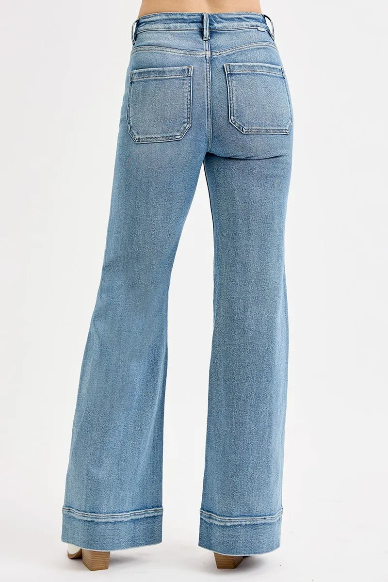 RISEN Full Size High Rise Wide Flare Patch Pocket Jeans Plus Size - Women / Jeans & Denim by Trendsi | Available at Handbags Specialist Headquarter