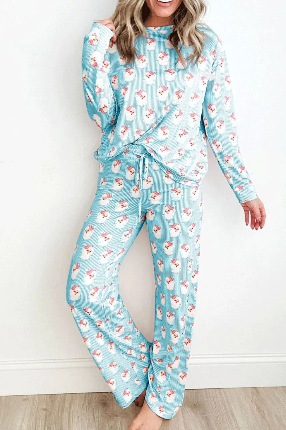 Santa Print Long Sleeve Top and Pants Lounge Set - Sleepwear by Trendsi | Available at Handbags Specialist Headquarter