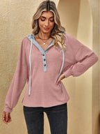 Drawstring Waffle Knit Hoodie - Tops by Trendsi | Available at Handbags Specialist Headquarter