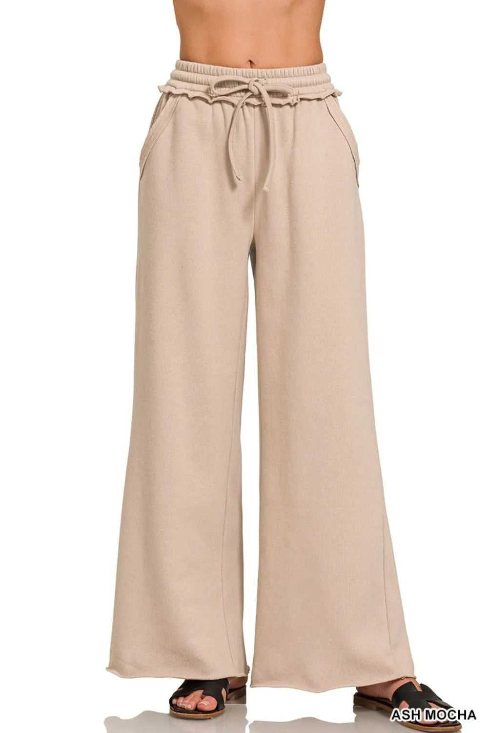 Zenana Fleece Exposed Seam Wide Leg Sweatpants - Women Pants by Trendsi | Available at Handbags Specialist Headquarter