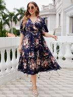 Honey Plus Size Floral Surplice Neck Midi Dress - Dresses by Trendsi | Available at Handbags Specialist Headquarter
