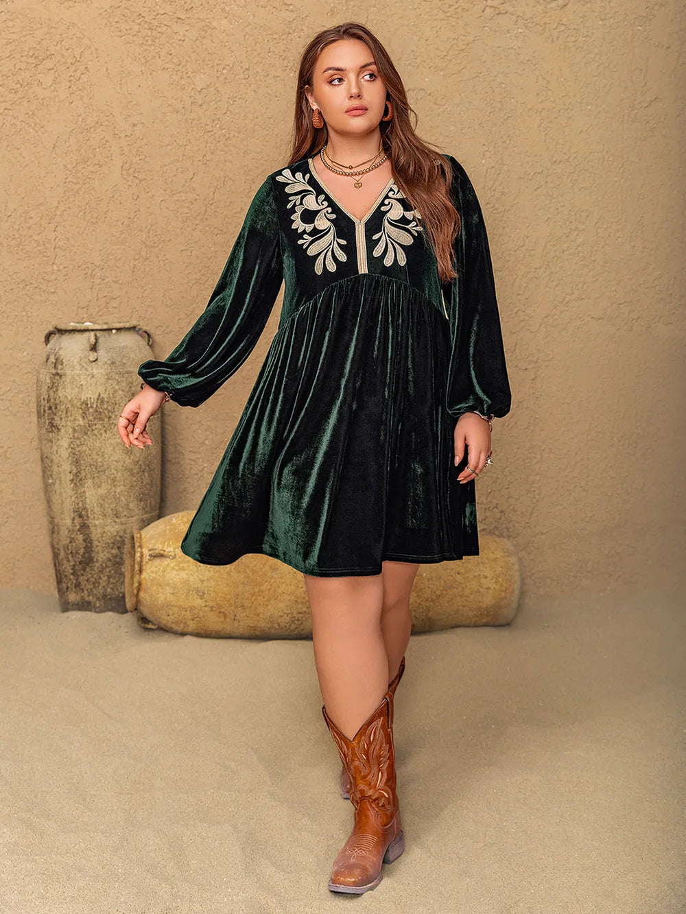 Plus Size Embroidered V-Neck Long Sleeve Dress - Dresses by Trendsi | Available at Handbags Specialist Headquarter