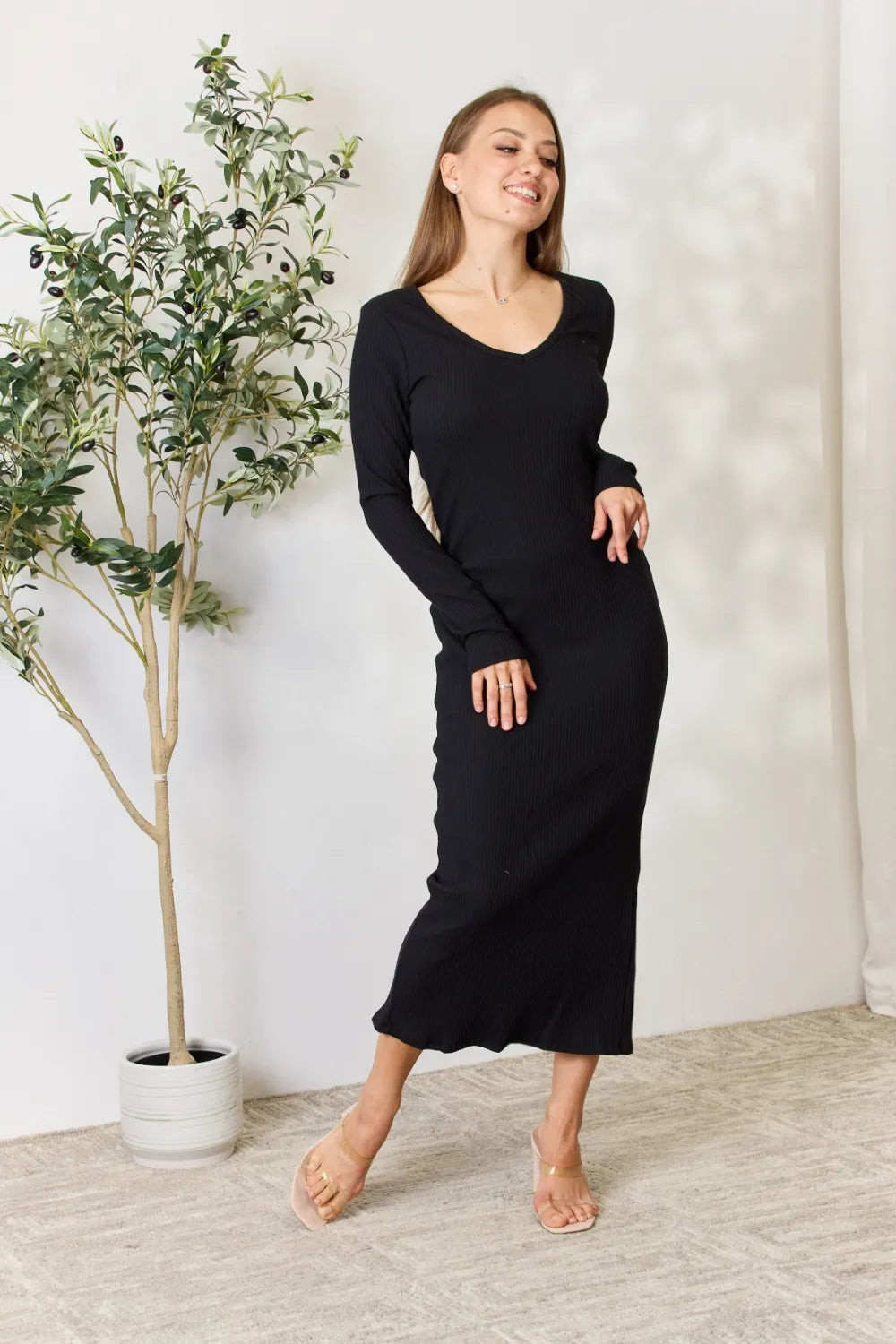 Culture Code Full Size Ribbed Long Sleeve Midi Slit Dress - Dresses by Trendsi | Available at Handbags Specialist Headquarter