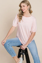BOMBOM Round Neck Puff Sleeve T-Shirt - Tops by Trendsi | Available at Handbags Specialist Headquarter