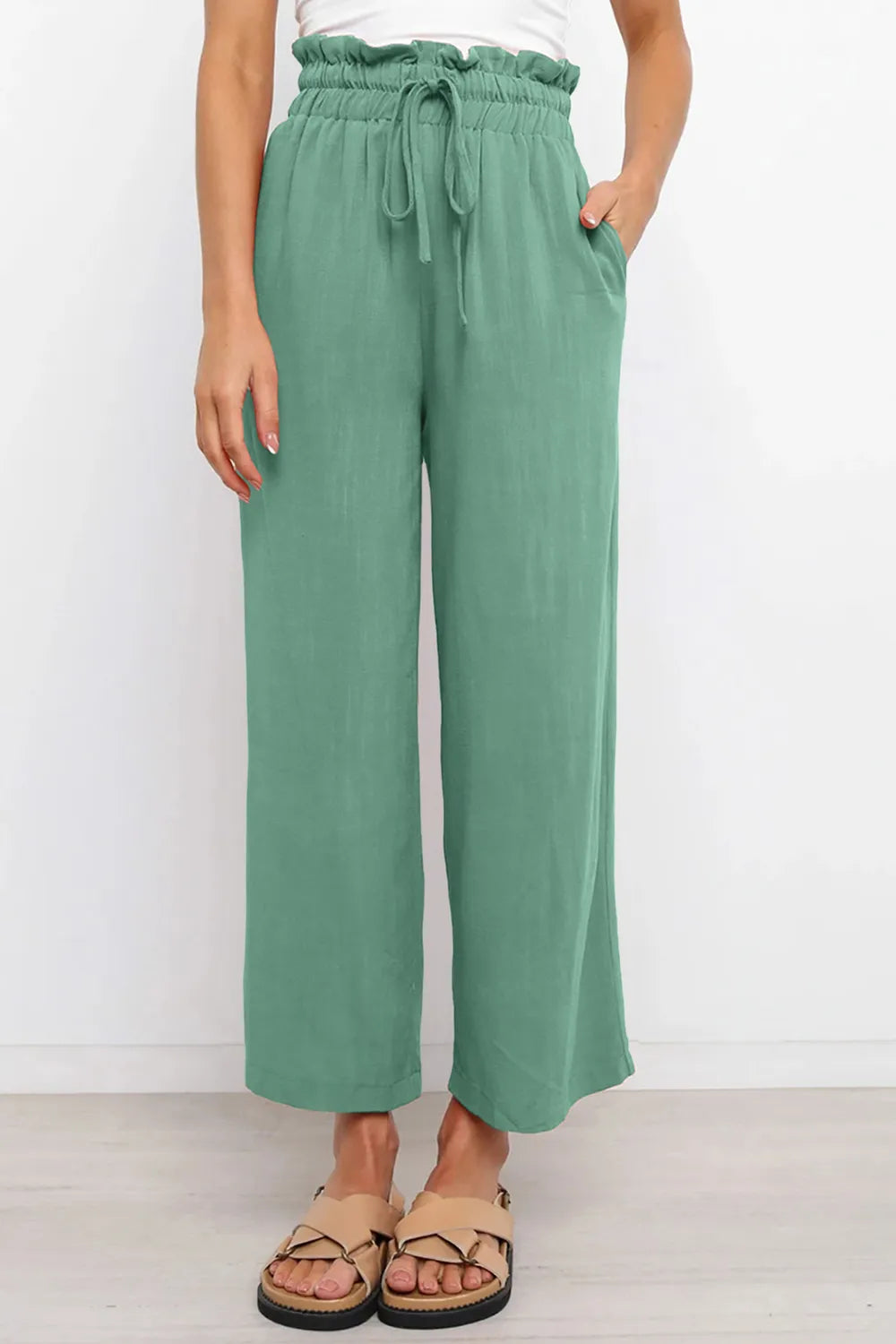 Drawstring Paperbag Waist Wide Leg Pants - Women Pants by Trendsi | Available at Handbags Specialist Headquarter
