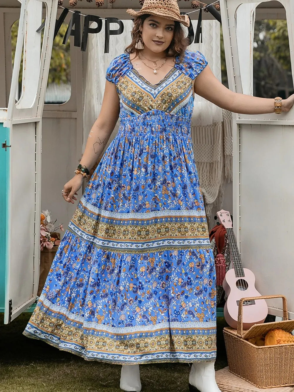 Plus Size Smocked Printed Cap Sleeve Dress - Dresses by Trendsi | Available at Handbags Specialist Headquarter