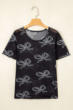 Bow Mesh Round Neck Short Sleeve T-Shirt - Women / Tops by Trendsi | Available at Handbags Specialist Headquarter