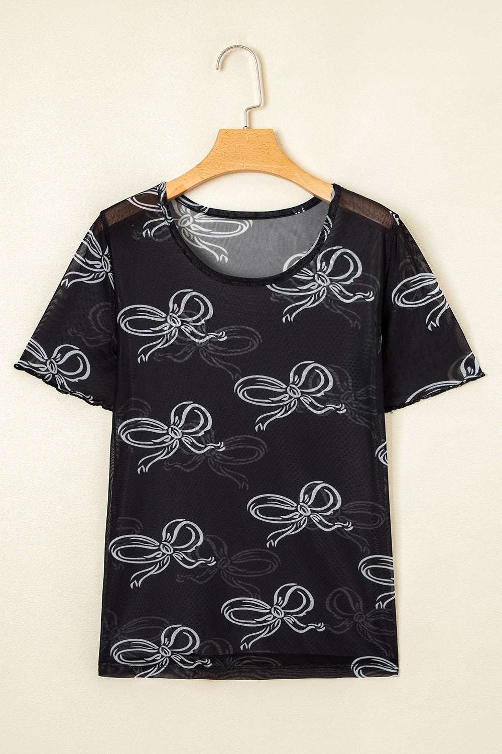 Bow Mesh Round Neck Short Sleeve T-Shirt - Women / Tops by Trendsi | Available at Handbags Specialist Headquarter