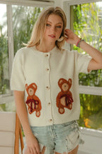 BiBi Teddy Bear With Bow Patched Sweater Button Down Top - Tops by Trendsi | Available at Handbags Specialist Headquarter