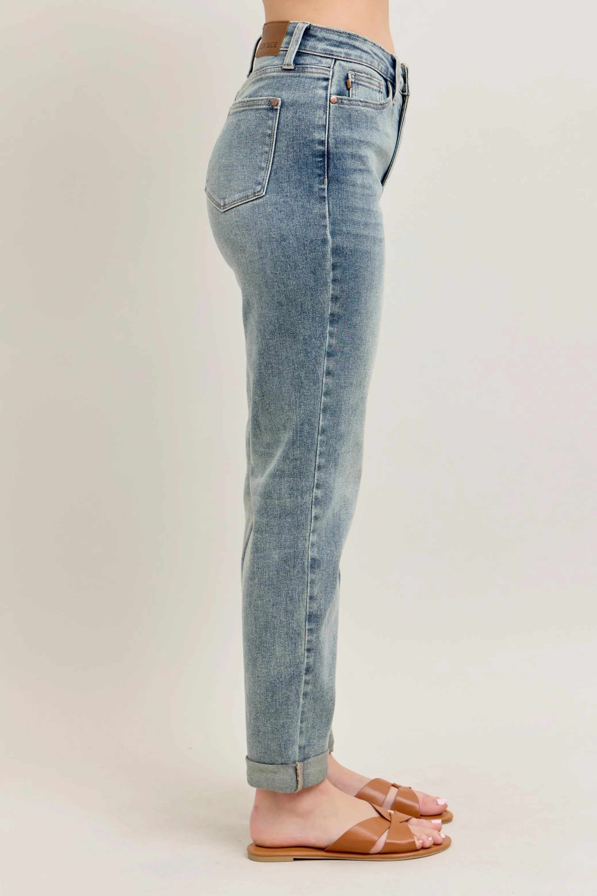 Judy Blue Full Size Hw Vintage Wash Double Roll Cuff Bf Jeans Plus Size - Women / Jeans & Denim by Trendsi | Available at Handbags Specialist Headquarter