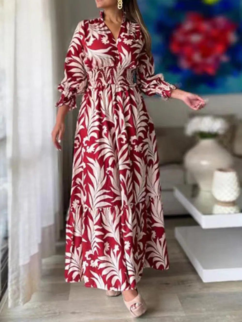 Printed Flounce Sleeve Maxi Dress - Maxi Dress by Trendsi | Available at Handbags Specialist Headquarter