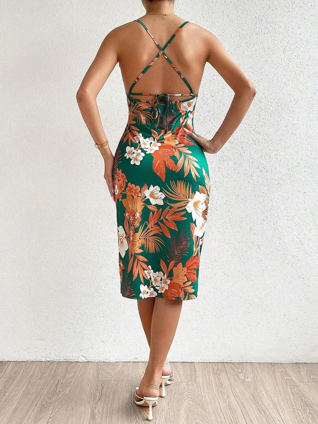 Crisscross Back Floral Print Bodycon Dress - Maxi Dress by Trendsi | Available at Handbags Specialist Headquarter