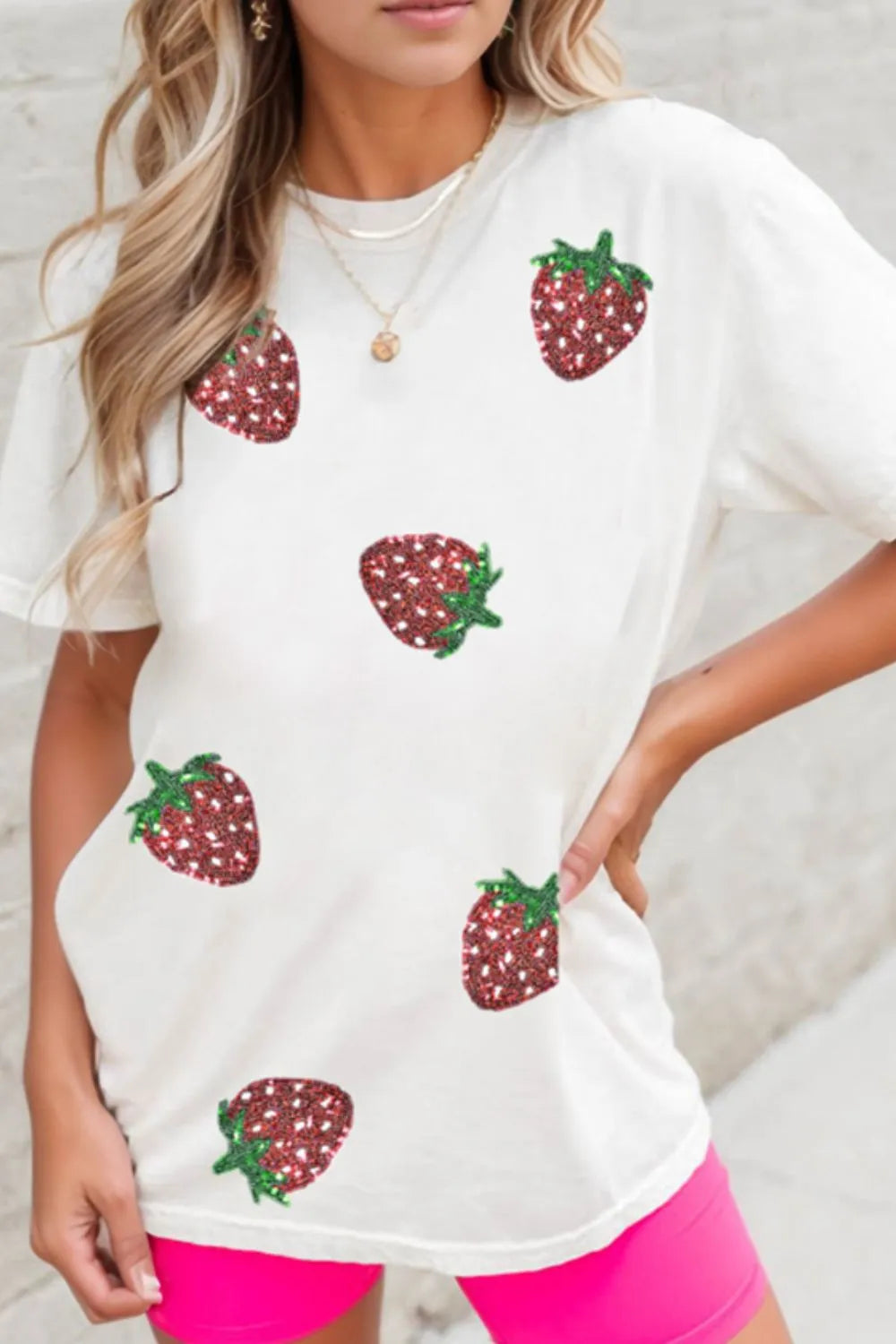 Sequin Strawberry Crew Neck Short Sleeve T Shirt - Tops by Trendsi | Available at Handbags Specialist Headquarter