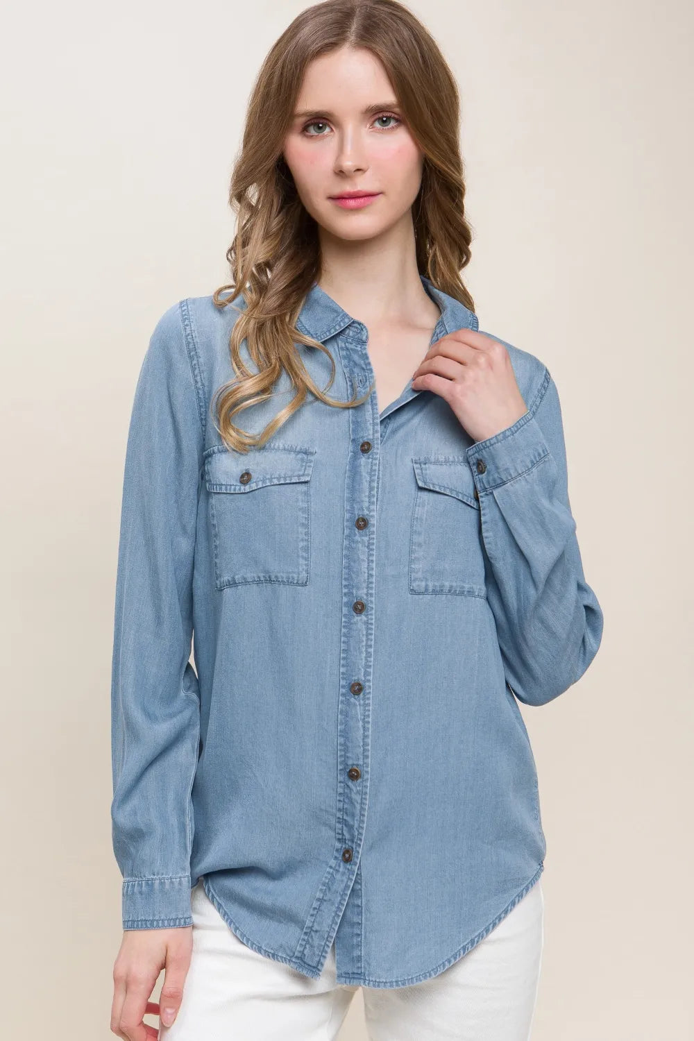 Love Tree Scooped Hem Button Up Denim Shirt - Women / Jeans & Denim by Trendsi | Available at Handbags Specialist Headquarter