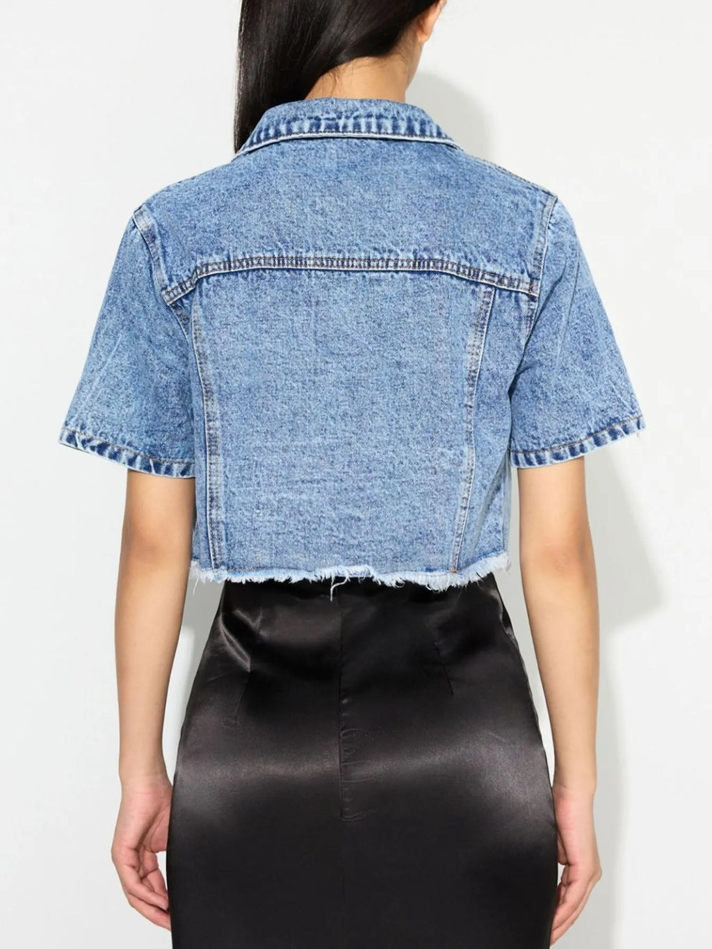 Cropped Short Sleeve Denim Jacket with Frayed Hem - Women / Jeans & Denim by Trendsi | Available at Handbags Specialist Headquarter