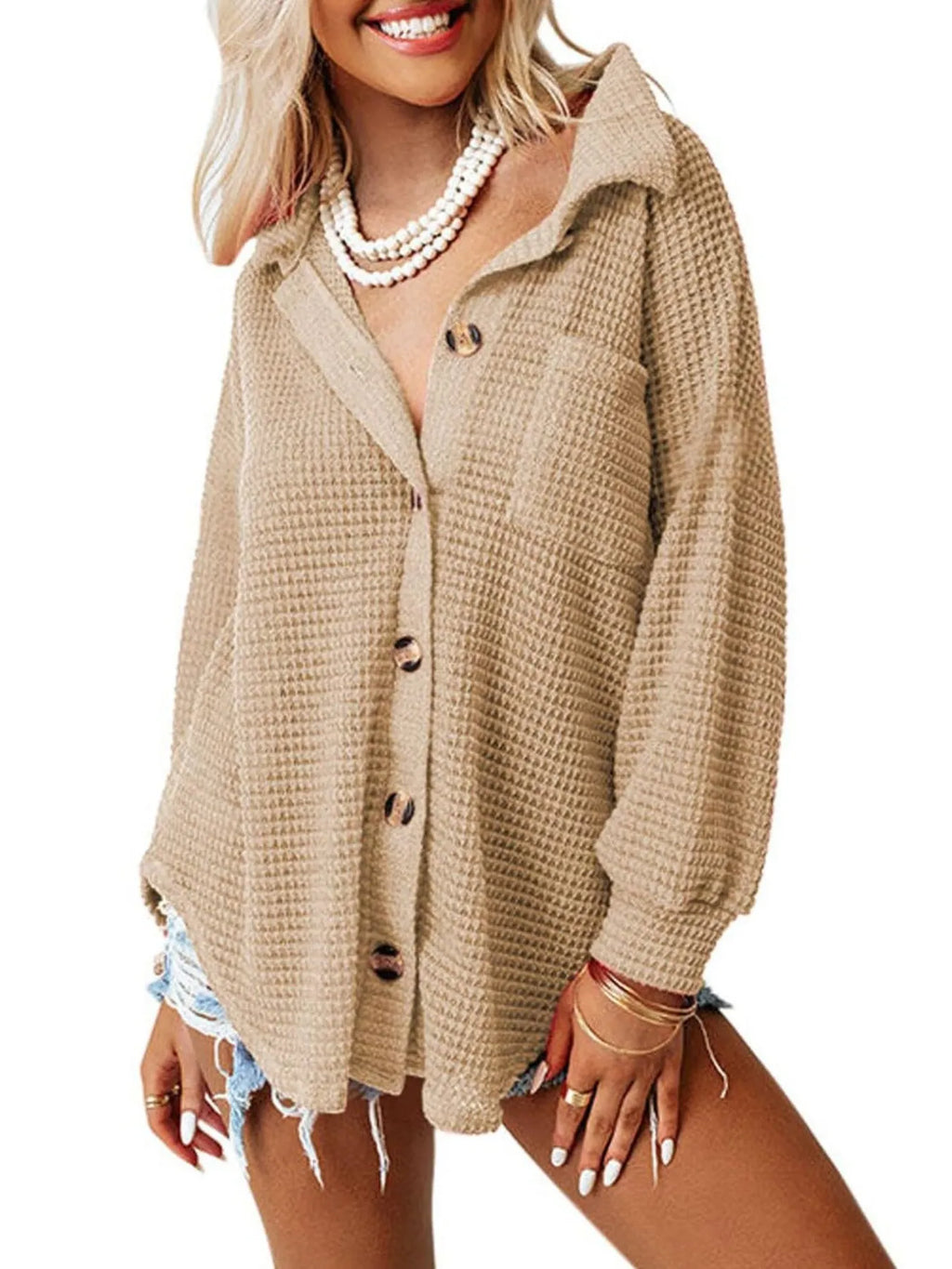 Waffle Knit Button-Down Shirt - Tops by Trendsi | Available at Handbags Specialist Headquarter
