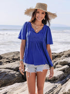 Lace Detail Tie Neck Short Sleeve Top - Tops by Trendsi | Available at Handbags Specialist Headquarter