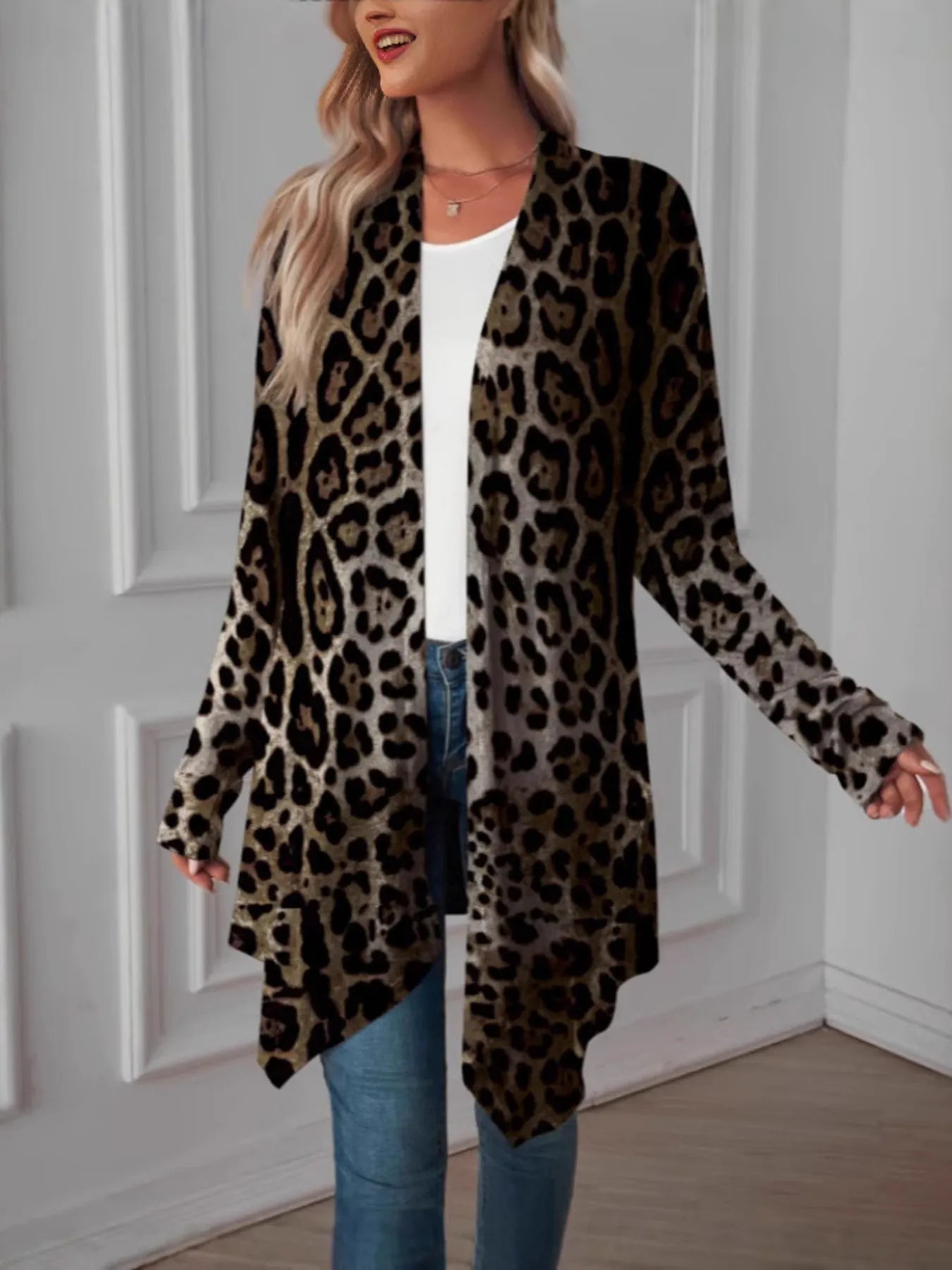 Leopard Print Long Open Front Cardigan - Tops by Trendsi | Available at Handbags Specialist Headquarter