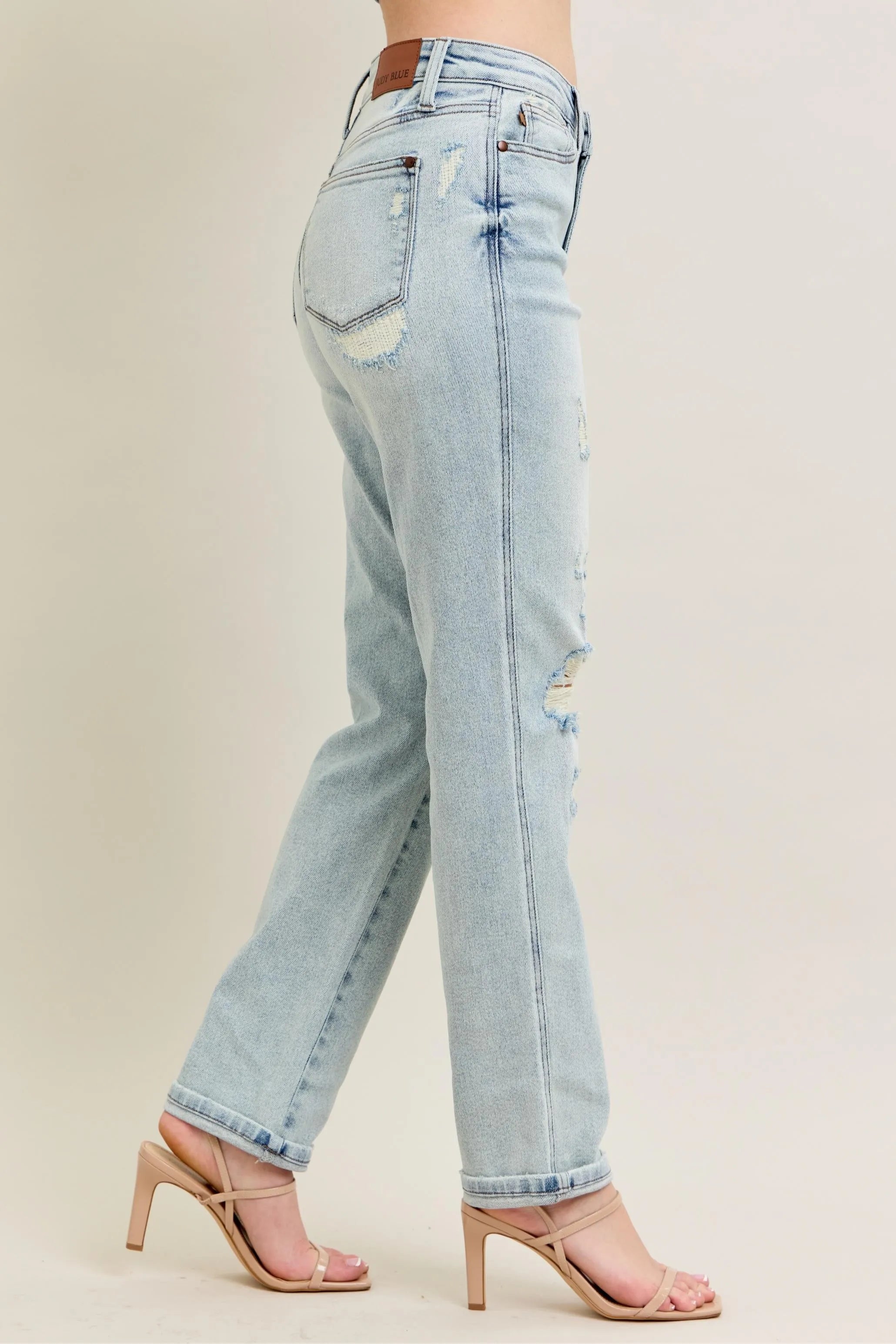 Judy Blue Full Size Mr Repair Stitch Detail Destroy Single Cuff Bf Jeans Plus Size - Women / Jeans & Denim by Trendsi | Available at Handbags Specialist Headquarter