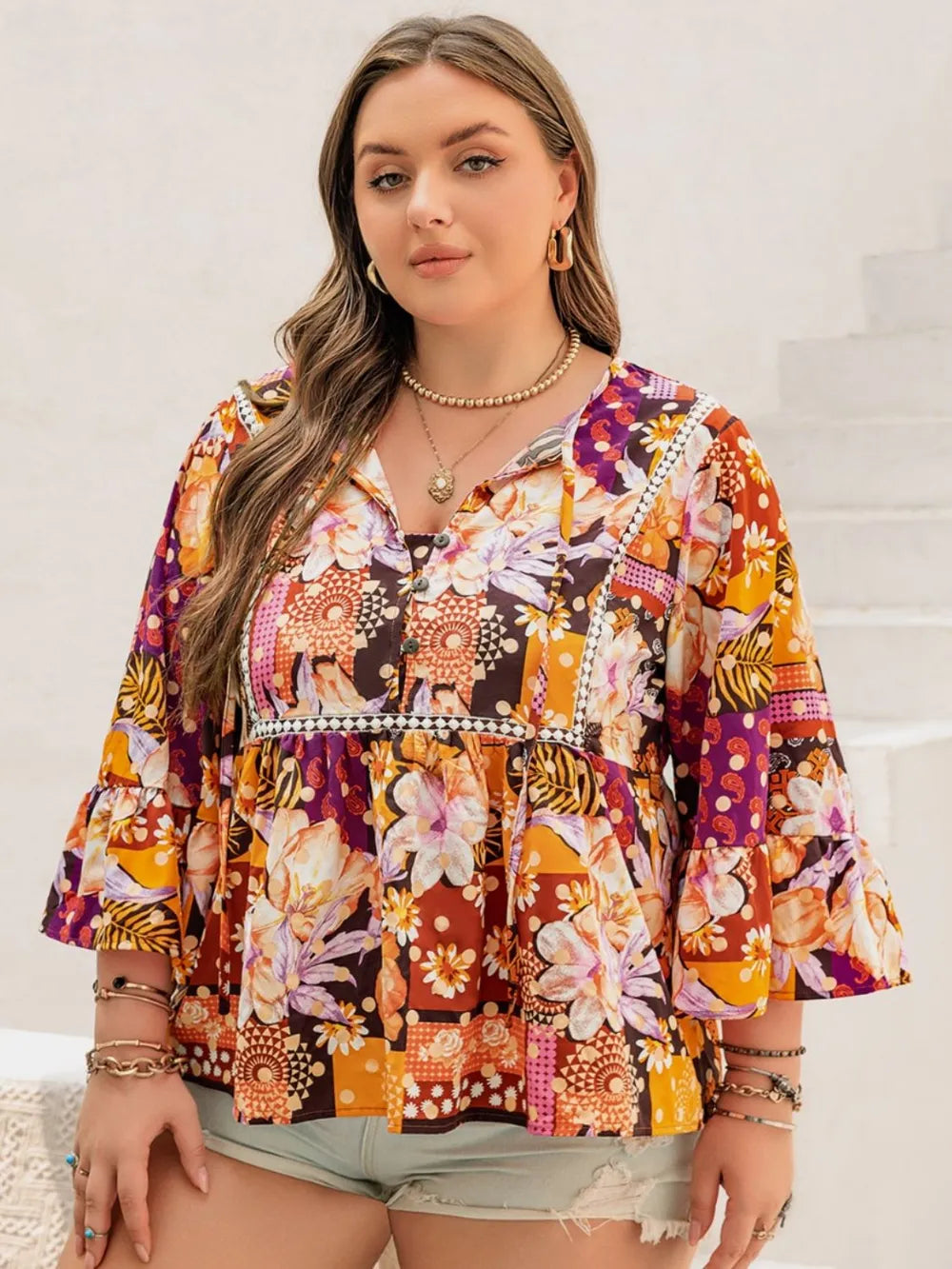 Plus Size Printed Tie Neck Blouse - Plus Size Shirts by Trendsi | Available at Handbags Specialist Headquarter