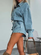 Button-Front Shirt and Mini Skirt Oversized Denim Set - Women / Jeans & Denim by Trendsi | Available at Handbags Specialist Headquarter