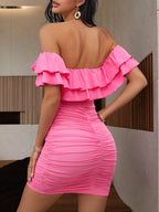 Off-Shoulder Ruffle Bodycon Dress - Maxi Dress by Trendsi | Available at Handbags Specialist Headquarter