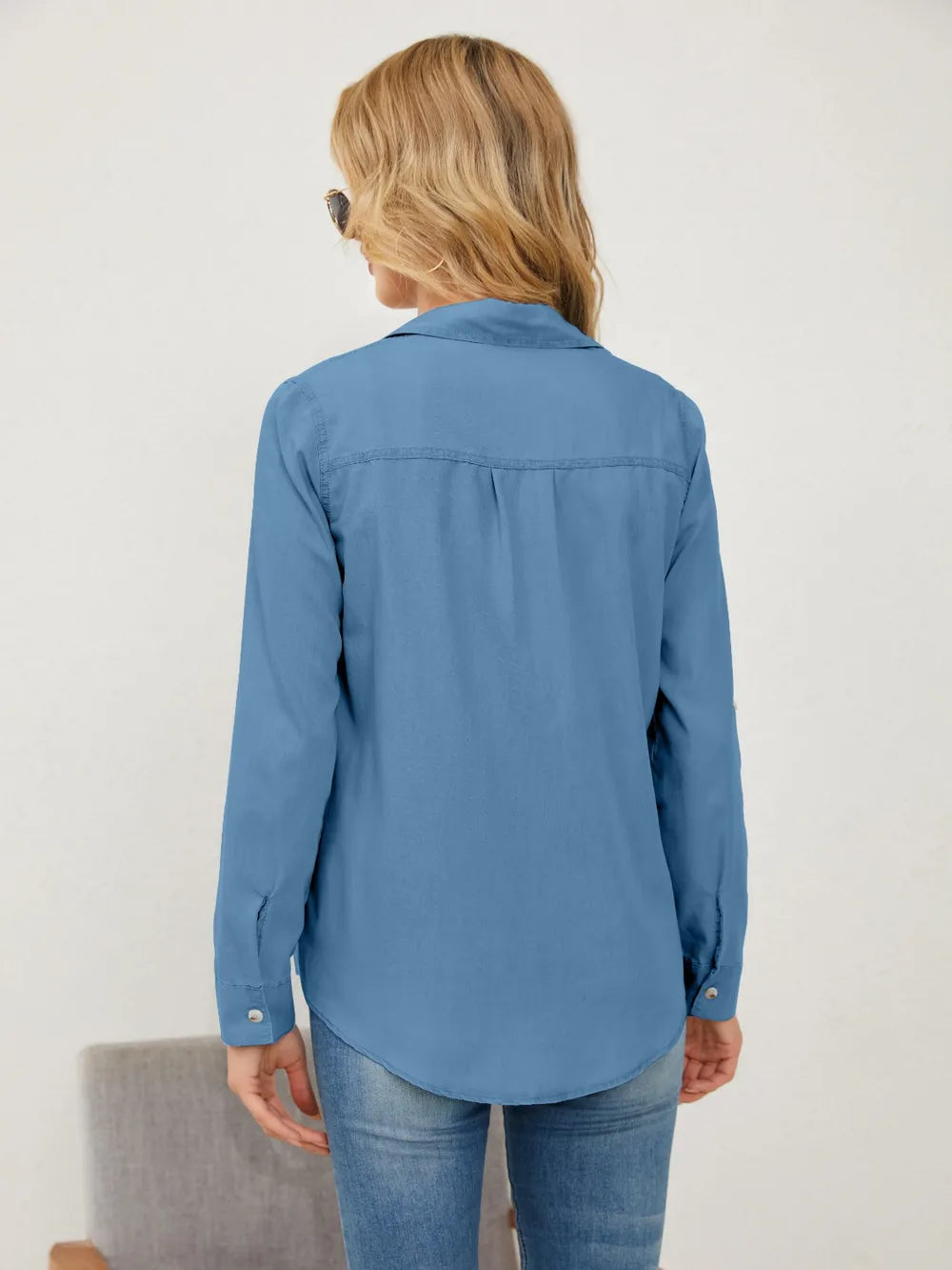 Pocketed Button Up Long Sleeve Denim Shirt - Women / Jeans & Denim by Trendsi | Available at Handbags Specialist Headquarter
