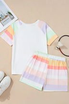 Rainbow Striped Round Neck T Shirt and Shorts Lounge Set - Sleepwear by Trendsi | Available at Handbags Specialist Headquarter