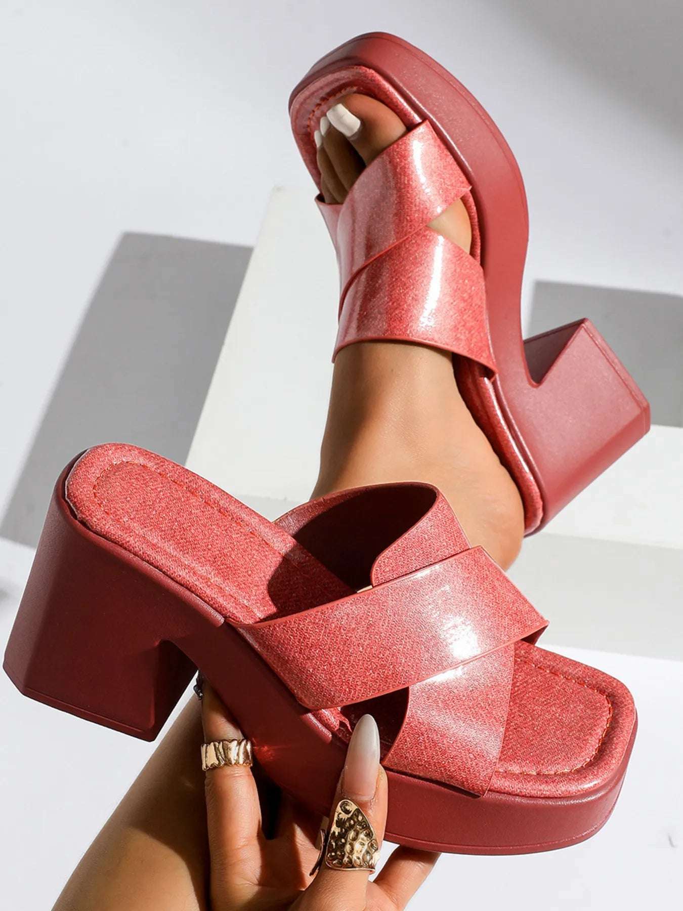 Platform Block Heel Slide Sandals - Women Sandals by Trendsi | Available at Handbags Specialist Headquarter