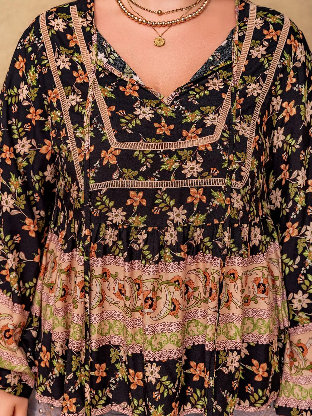 Plus Size Printed Tie Neck Balloon Sleeve Blouse - Plus Size Shirts by Trendsi | Available at Handbags Specialist Headquarter