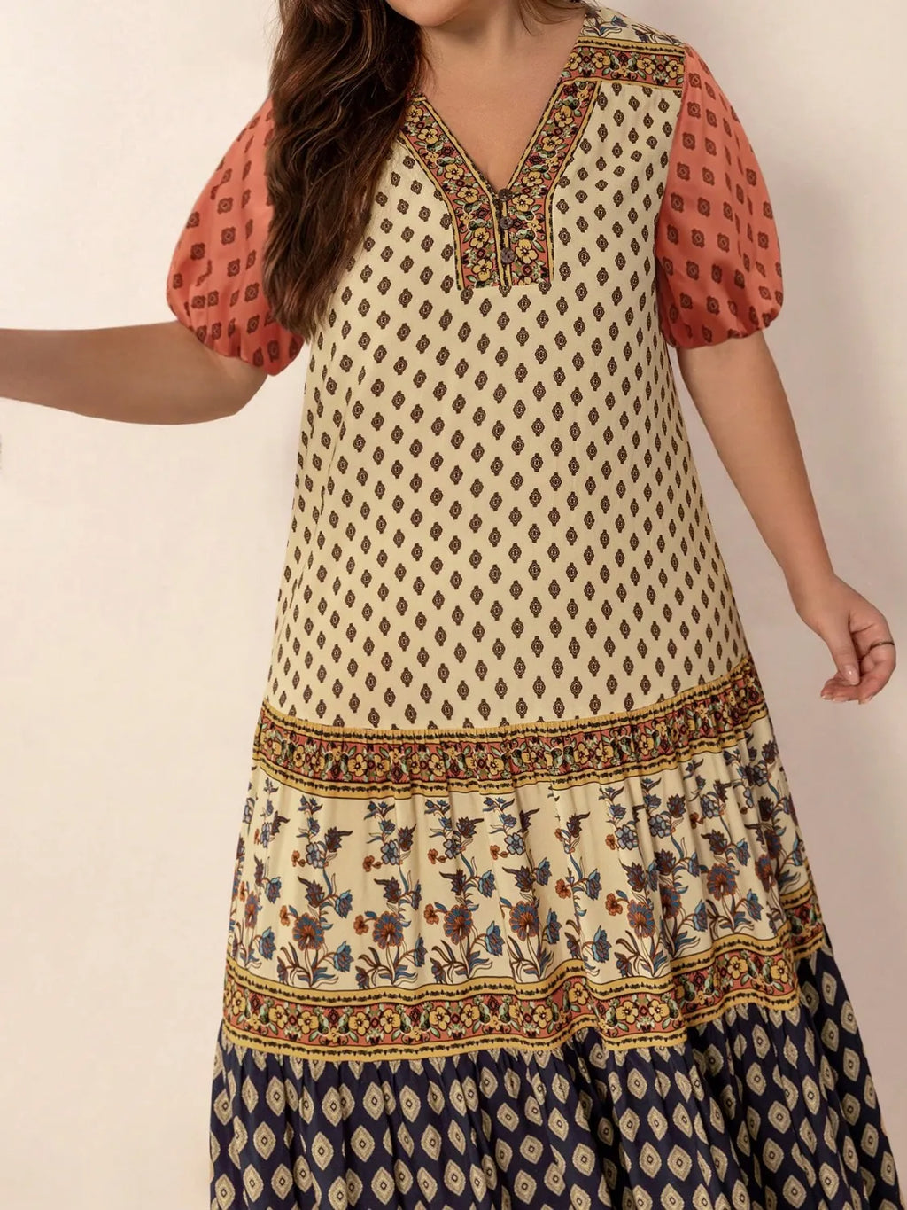 Plus Size Ruched Printed Short Sleeve Midi Dress - Dresses by Trendsi | Available at Handbags Specialist Headquarter