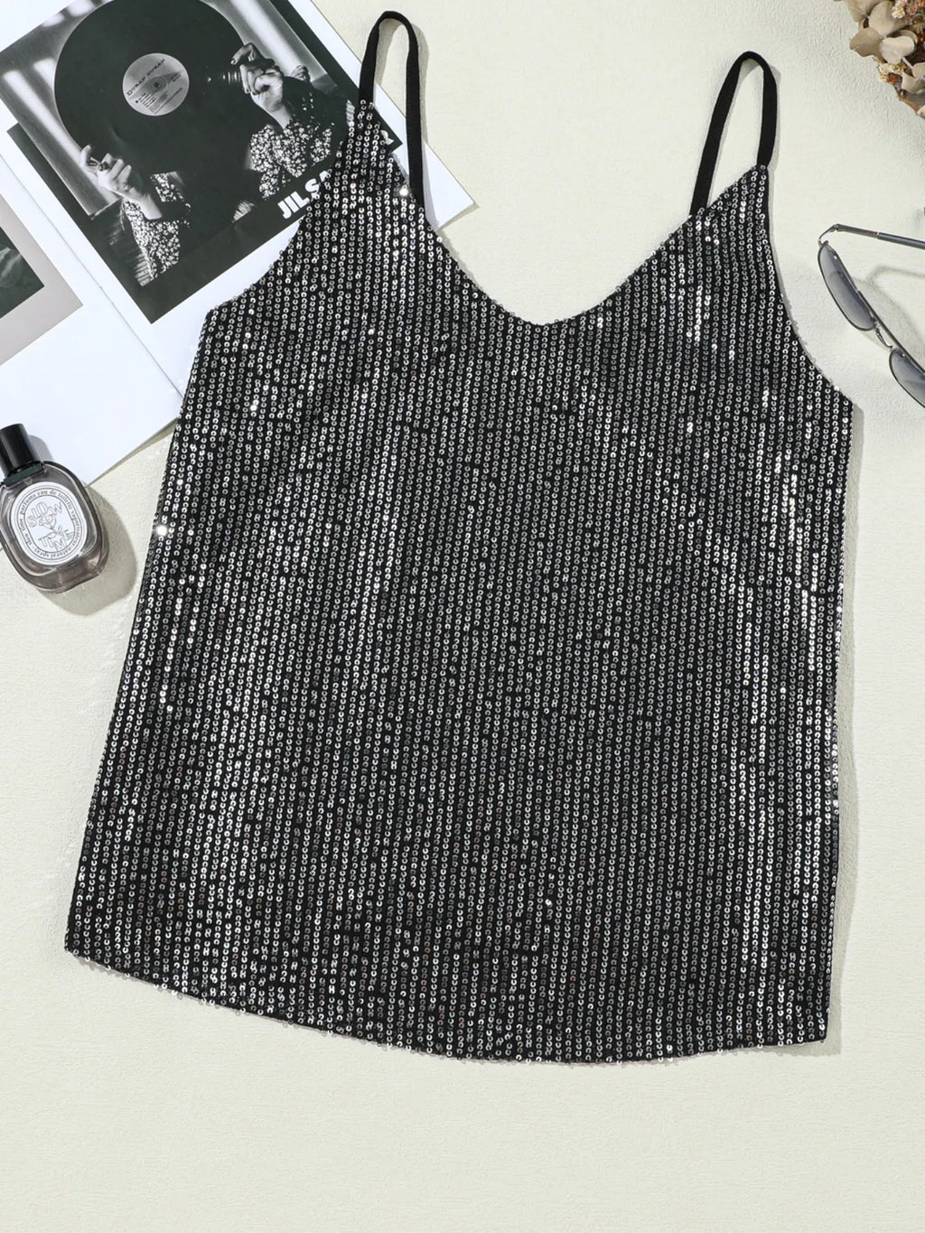 Sequined V-Neck Cami Top - Tops by Trendsi | Available at Handbags Specialist Headquarter