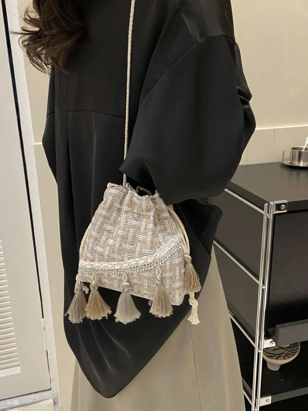 Tassel Trim Woven Bucket Crossbody Bag - Crossbody Bag by Trendsi | Available at Handbags Specialist Headquarter