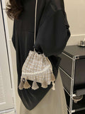 Tassel Trim Woven Bucket Crossbody Bag - Crossbody Bag by Trendsi | Available at Handbags Specialist Headquarter