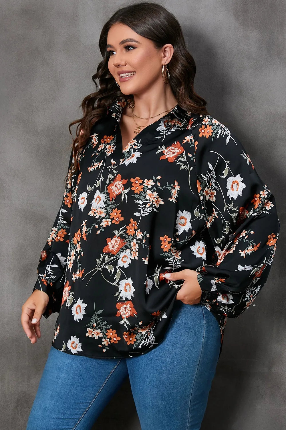 Plus Size Printed Johnny Collar Long Sleeve Blouse - Plus Size Shirts by Trendsi | Available at Handbags Specialist Headquarter