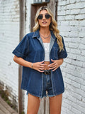 Pocketed Button Up Short Sleeve Denim Shirt - Women / Jeans & Denim by Trendsi | Available at Handbags Specialist Headquarter